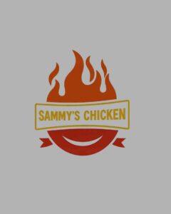 A vibrant red and orange food hospitality logo featuring a roaring flame graphic on top, a central horizontal banner, and a stylized curved accent element on a solid gray background, showcasing a fast-casual restaurant portfolio feature optimized for premium content creation, professional videography, strategic Meta ads, high-intent Google Ads, organic social media management, and hyper-local SEO services by MetaBaz.