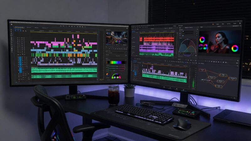 A high-end post-production video editing setup displaying short-form video optimization as part of comprehensive content creation services.
