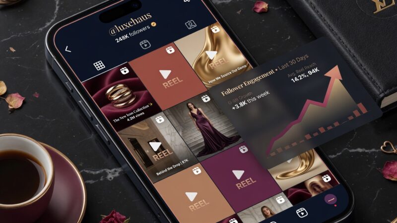A luxury Instagram grid layout visualization showcasing short-form video reels and business carousel posts designed by a social media marketing agency as a social media management service.