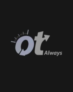A modern corporate logo featuring a stylized light grey monogram of the letters 'o' and 't' integrated with a gauge dial and an upward-pointing arrow alongside the text 'Always' on a solid black background, showcasing a commercial transportation and logistics company portfolio feature optimized for custom website design and high-intent Google Ads management by MetaBaz.