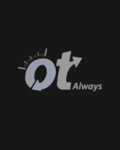 A modern corporate logo featuring a stylized light grey monogram of the letters 'o' and 't' integrated with a gauge dial and an upward-pointing arrow alongside the text 'Always' on a solid black background, showcasing a commercial transportation and logistics company portfolio feature optimized for custom website design and high-intent Google Ads management by MetaBaz.