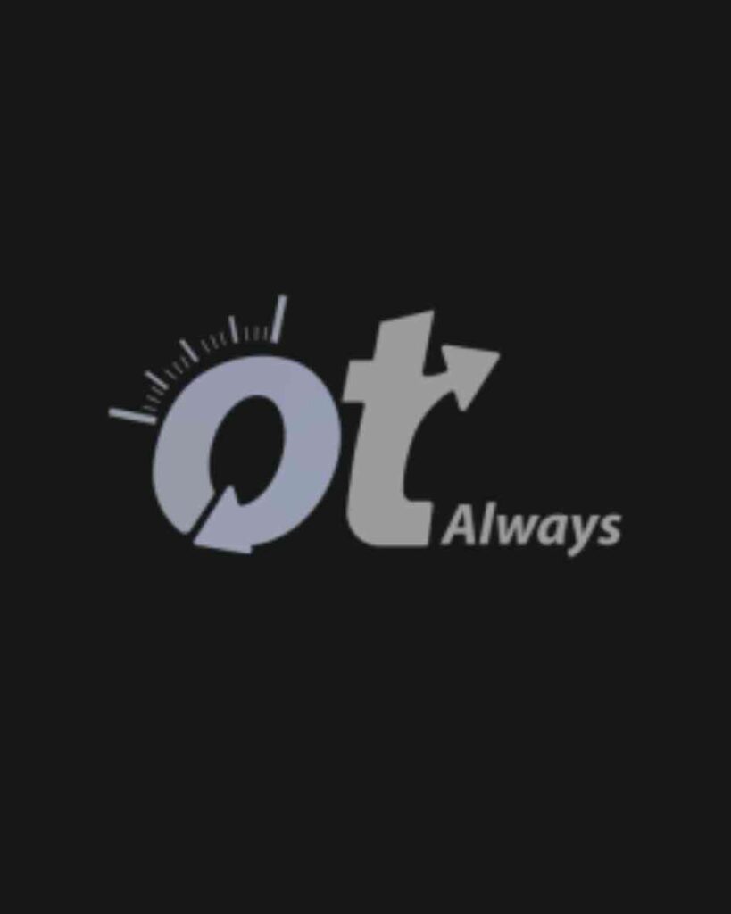 A modern corporate logo featuring a stylized light grey monogram of the letters 'o' and 't' integrated with a gauge dial and an upward-pointing arrow alongside the text 'Always' on a solid black background, showcasing a commercial transportation and logistics company portfolio feature optimized for custom website design and high-intent Google Ads management by MetaBaz.