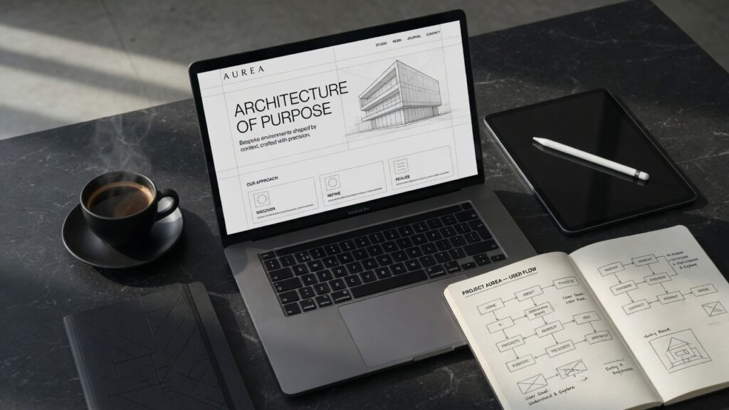 A high-end desk workspace displaying a custom web design wireframe blueprint on a laptop and design tablet, showcasing professional website design services.