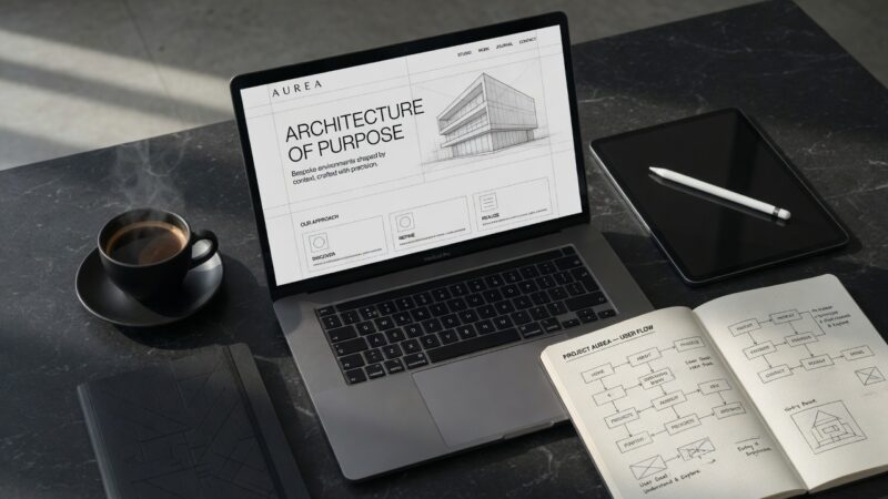 A high-end desk workspace displaying a custom web design wireframe blueprint on a laptop and design tablet, showcasing professional website design services.