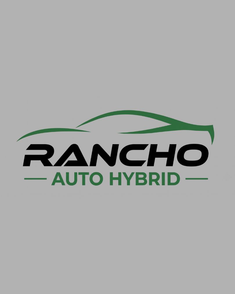 A minimalist automotive logo featuring a sleek green car silhouette line-art design above bold typography reading "RANCHO AUTO HYBRID" on a solid grey background, optimized as a portfolio asset representing local SEO and digital marketing for an Orange County, CA hybrid car repair shop by MetaBaz.