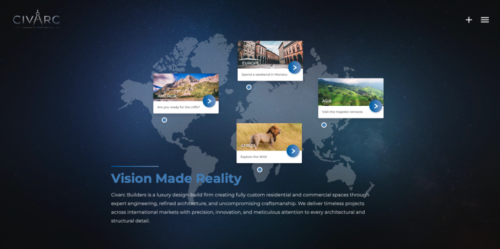 A desktop screenshot of a premium dark-themed website layout designed for Civarc Builders, featuring a stylized world map overlay on a deep blue starry sky background with interactive regional project cards, showcasing luxury Construction Company Website Design & Branding and architectural branding by MetaBaz.