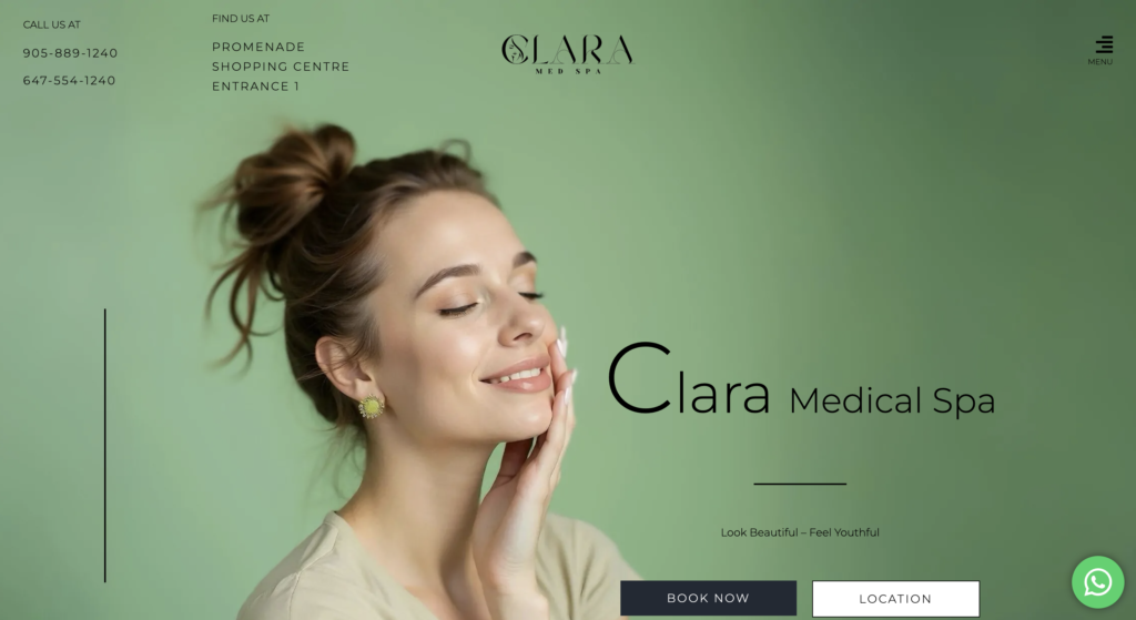 A desktop homepage screenshot of the minimalist website design for Clara Medical Spa in Thornhill, featuring a luxury sage green interface, an elegant profile image of a woman with radiant skin, and prominent clinical call-to-action booking buttons, showcasing elite medspa website design SEO and digital marketing execution by MetaBaz.