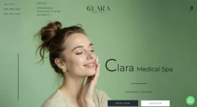 A desktop homepage screenshot of the minimalist website design for Clara Medical Spa in Thornhill, featuring a luxury sage green interface, an elegant profile image of a woman with radiant skin, and prominent clinical call-to-action booking buttons, showcasing elite medspa website design SEO and digital marketing execution by MetaBaz.