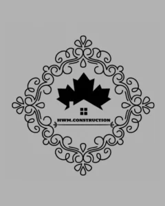 An elegant monochrome logo featuring a decorative, highly ornamental border enclosing a black maple leaf graphic with a house silhouette cutout, above the text "HWM.CONSTRUCTION" on a grey background, showcasing local SEO and web design portfolio work for a North York construction and renovation company by MetaBaz.