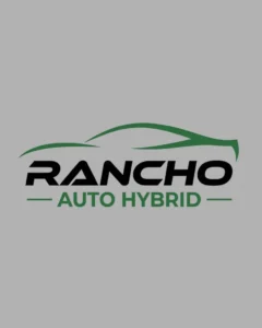 A minimalist automotive logo featuring a sleek green car silhouette line-art design above bold typography reading "RANCHO AUTO HYBRID" on a solid grey background, optimized as a portfolio asset representing local SEO and digital marketing for an Orange County, CA hybrid car repair shop by MetaBaz.